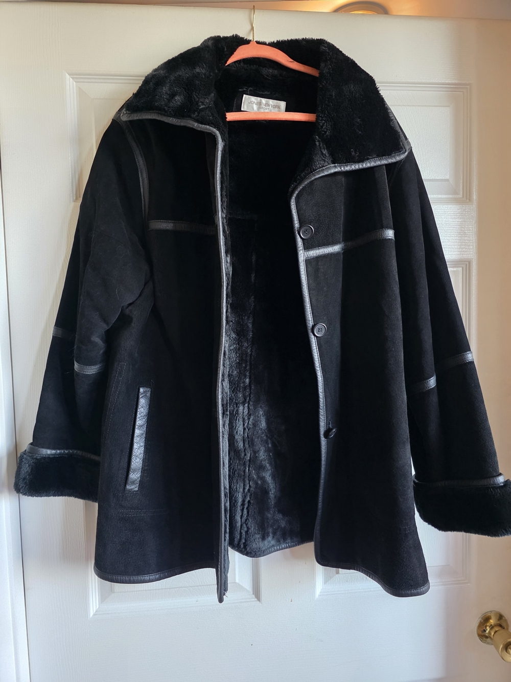 Jones New York Black Faux Shearling Coat with Plush Trim